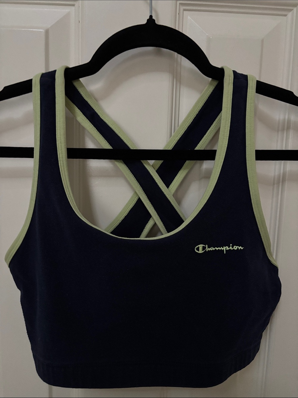 Champion Navy Sports Bra with Light Green Trim — Crisscross Back Crop